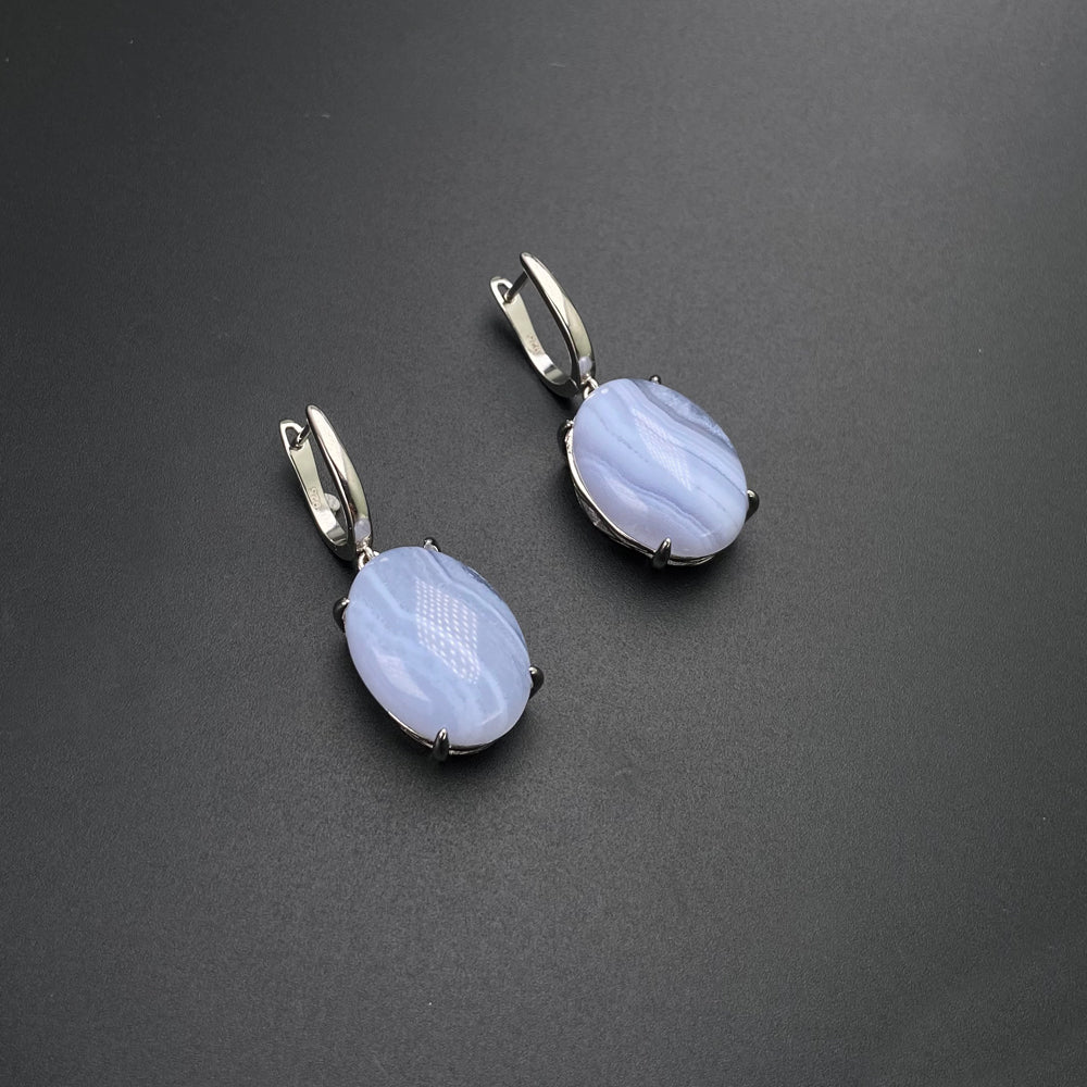 Natural Blue Agate 925 Silver Drop Earrings | Elegant Jewelry