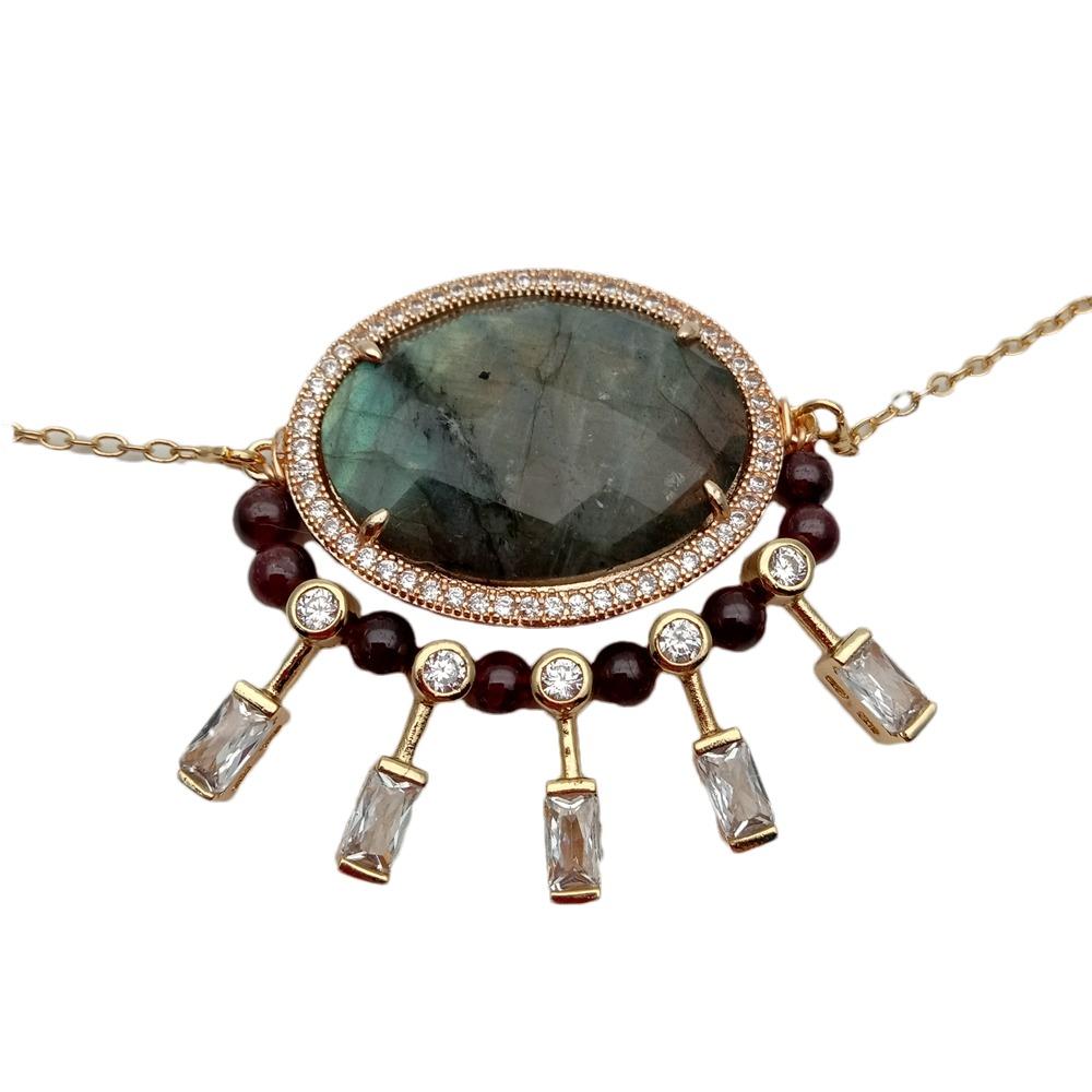 Lumina Pietra Natural Labradorite and Garnet Gemstone 18K Gold Plated Luxury Women's Necklace | Zircon Detailed Design