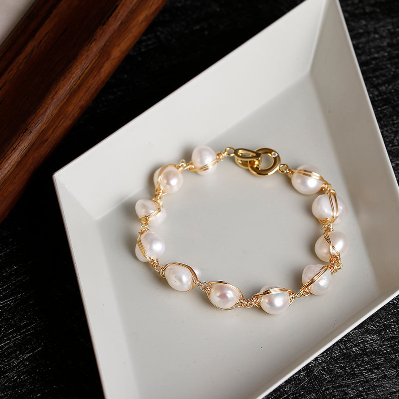 Natural Baroque Freshwater Pearl Bracelet 14K Gold Filled Handmade Women’s Bracelet