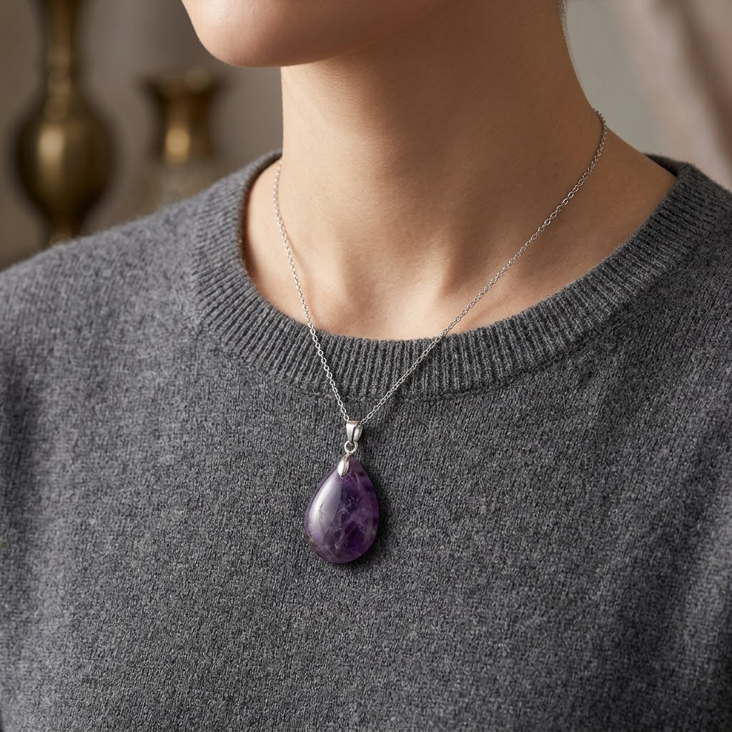 Amethyst Natural Stone Crystal Teardrop Necklace