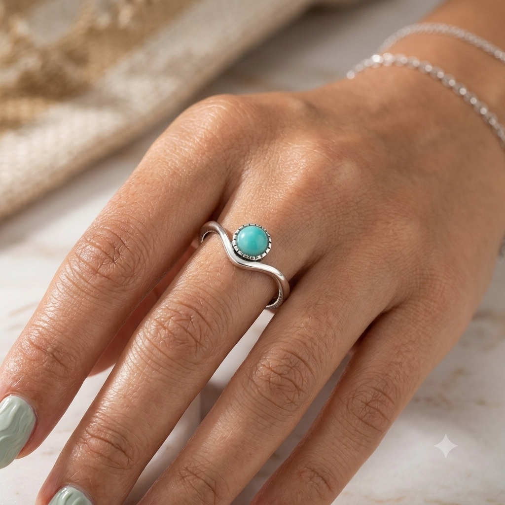 925 Sterling Silver V Shape Adjustable Turquoise Ring for Women