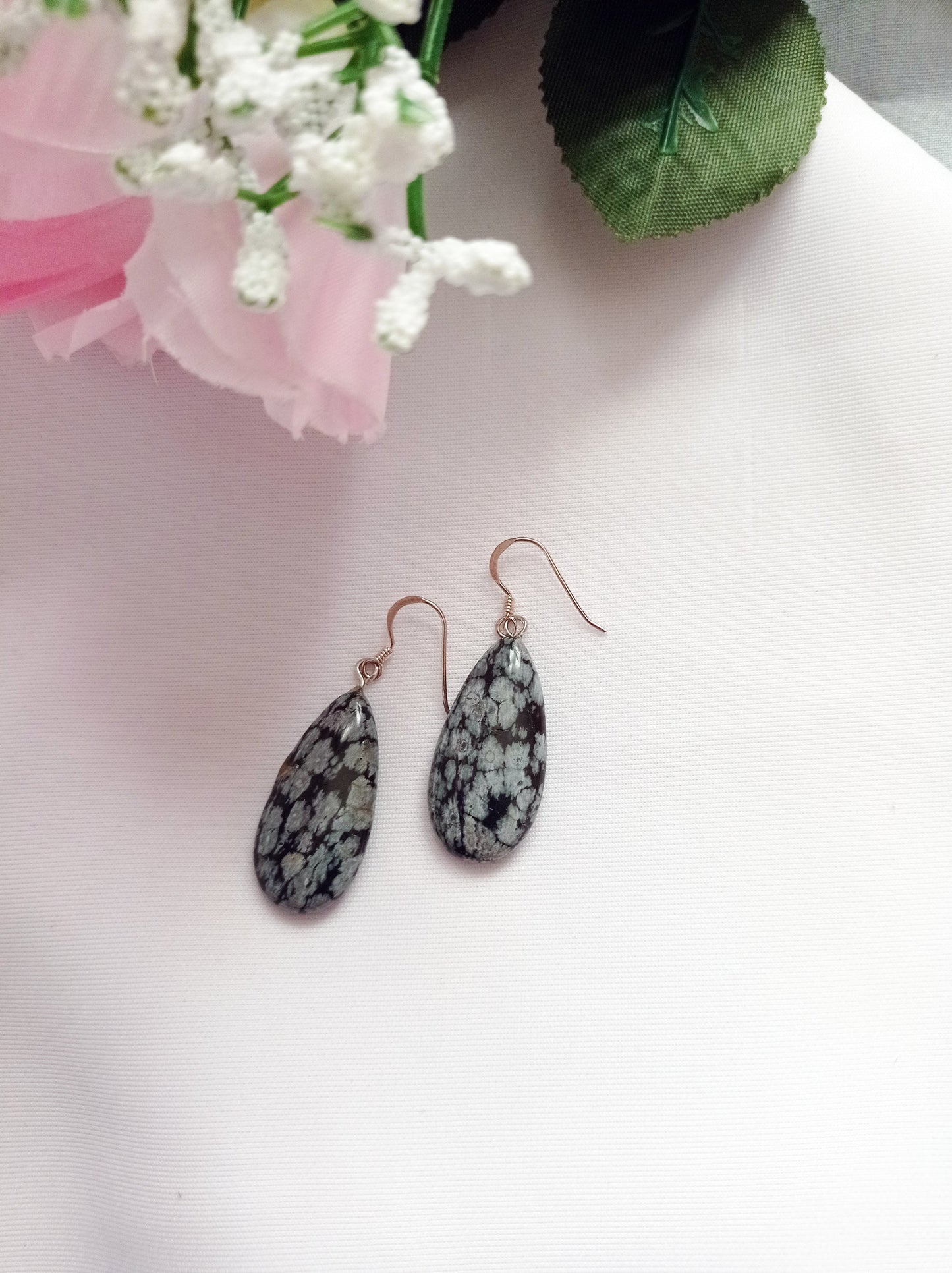 Snowflake Obsidian Earrings, Teardrop Sterling Silver Earrings | Gemstone Earrings