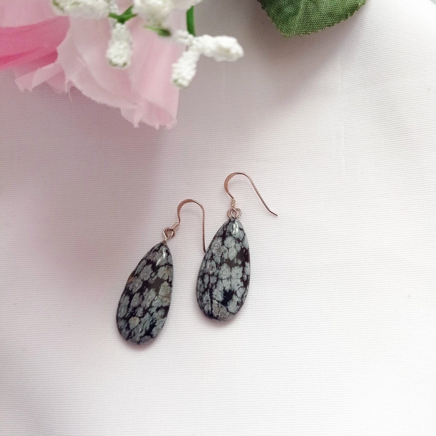 Snowflake Obsidian Earrings, Teardrop Sterling Silver Earrings | Gemstone Earrings