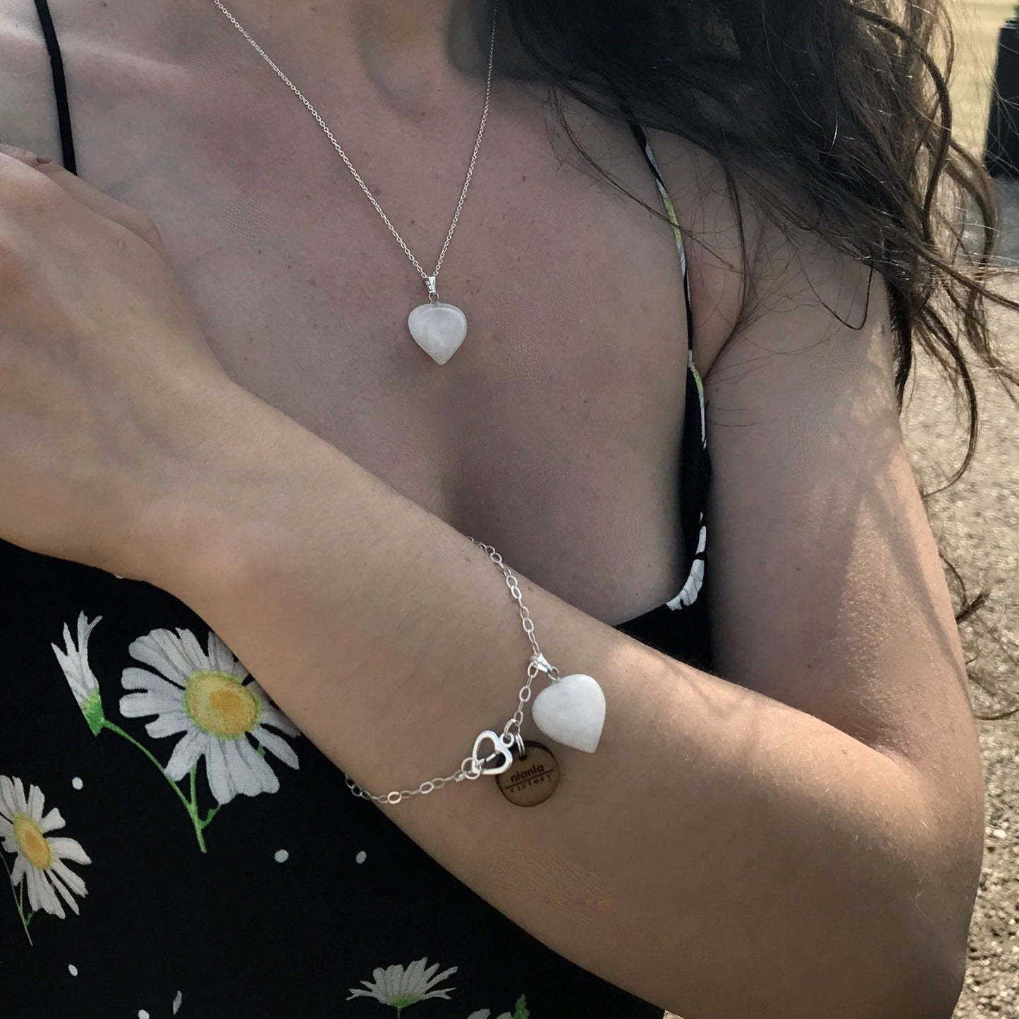 White Quartz Bracelet, Sterling Silver Heart Bracelet, Heart Charm Bracelet