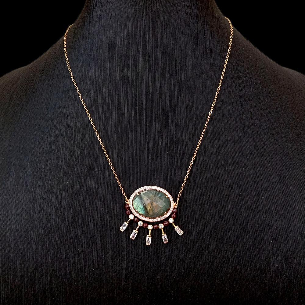 Lumina Pietra Natural Labradorite and Garnet Gemstone 18K Gold Plated Luxury Women's Necklace | Zircon Detailed Design