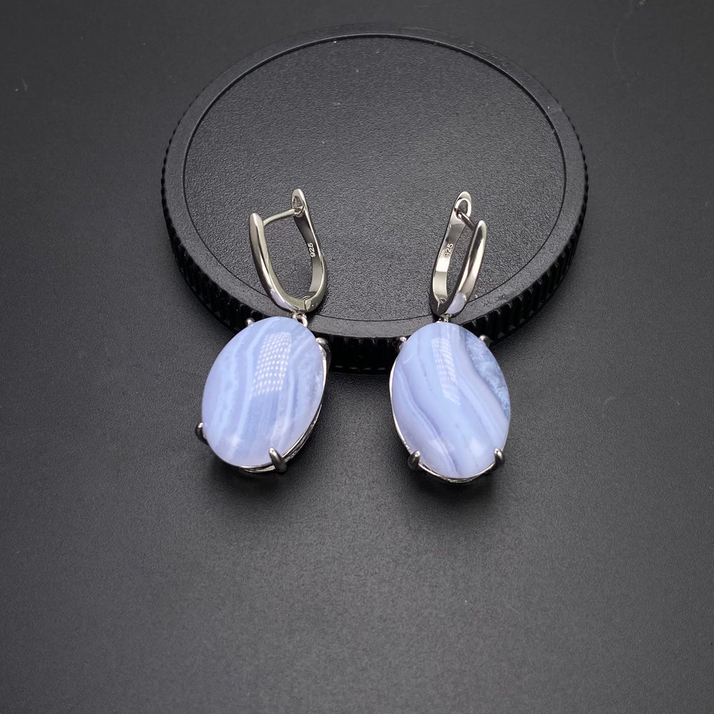 Natural Blue Agate 925 Silver Drop Earrings | Elegant Jewelry