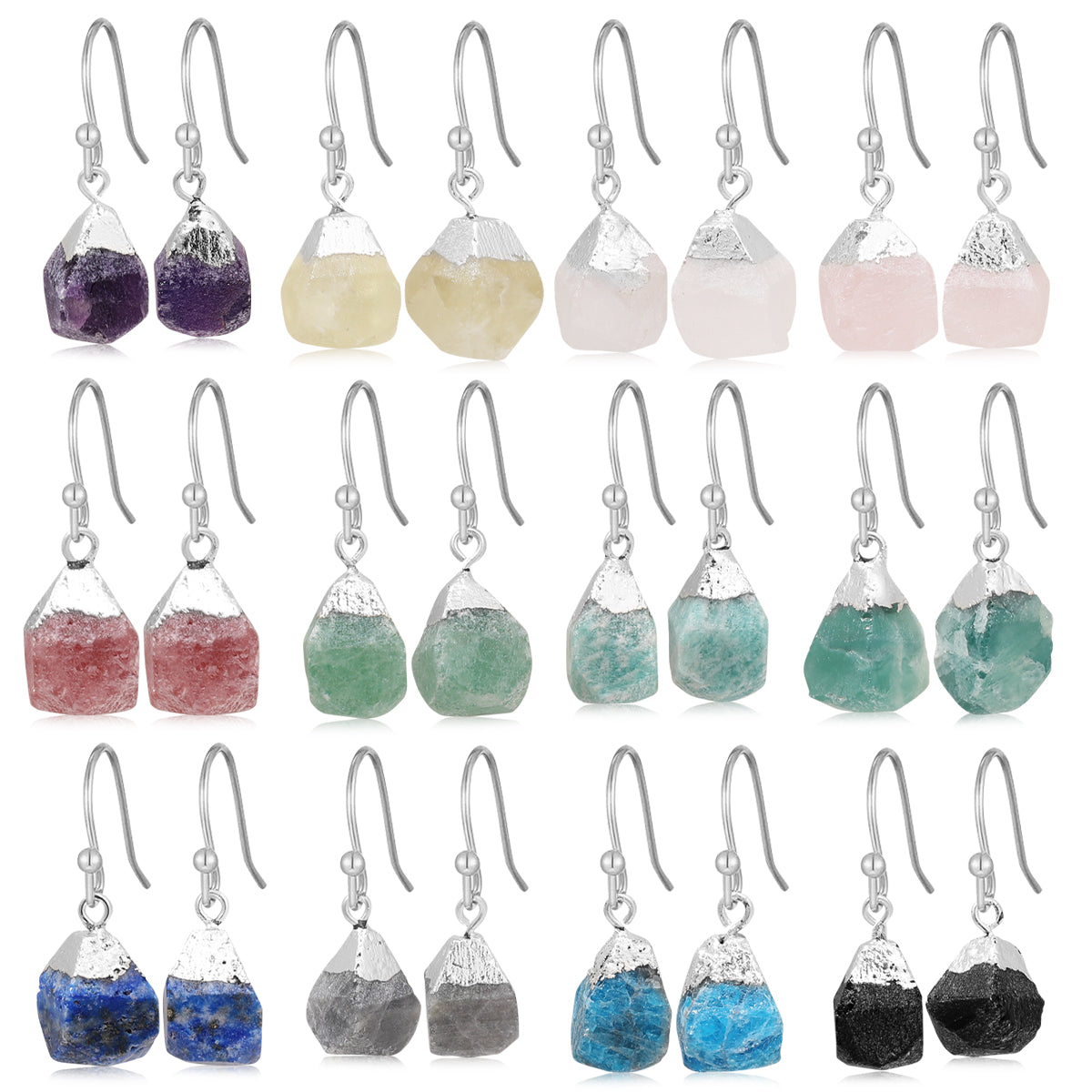 Raw Natural Stone Drop Earrings – 925 Sterling Silver