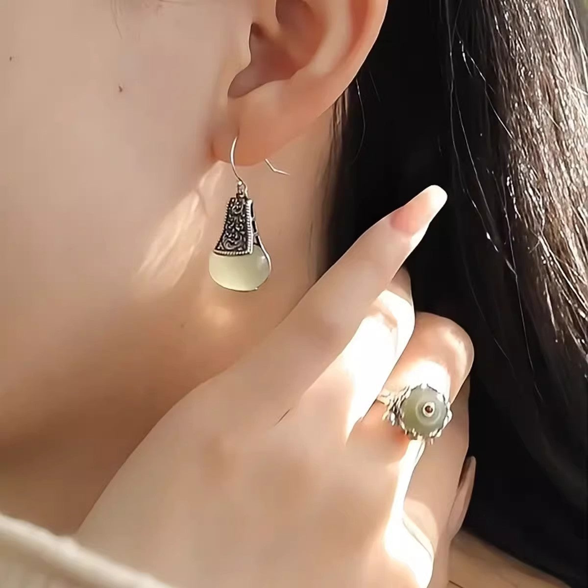 925 Sterling Silver Hotan Jade Drop Earrings