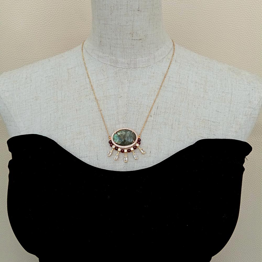 Lumina Pietra Natural Labradorite and Garnet Gemstone 18K Gold Plated Luxury Women's Necklace | Zircon Detailed Design