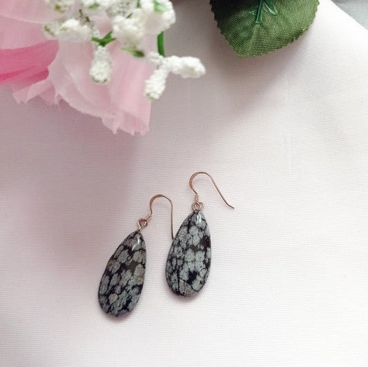 Snowflake Obsidian Earrings, Teardrop Sterling Silver Earrings | Gemstone Earrings