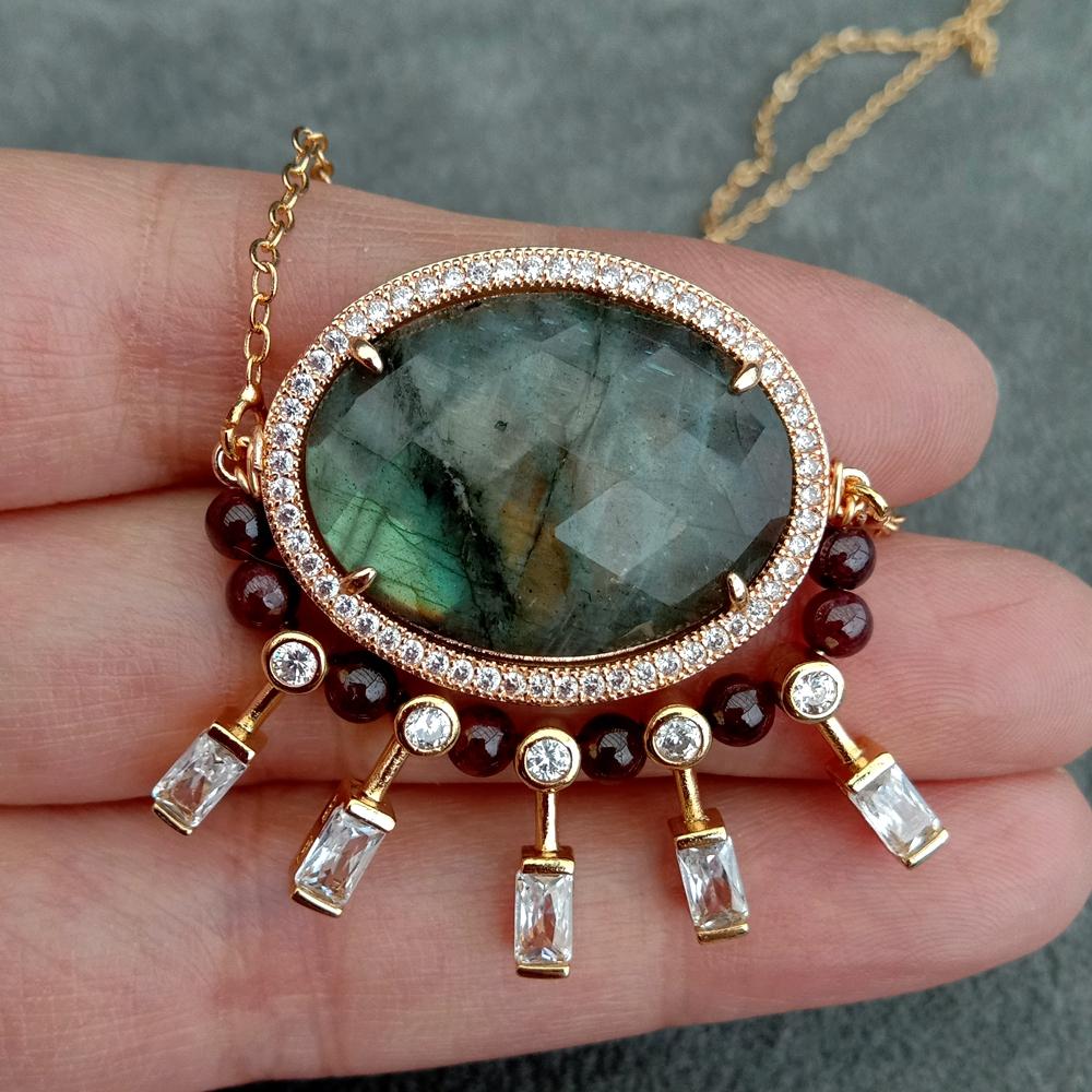 Lumina Pietra Natural Labradorite and Garnet Gemstone 18K Gold Plated Luxury Women's Necklace | Zircon Detailed Design