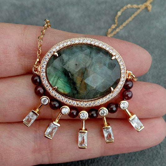 Lumina Pietra Natural Labradorite and Garnet Gemstone 18K Gold Plated Luxury Women's Necklace | Zircon Detailed Design