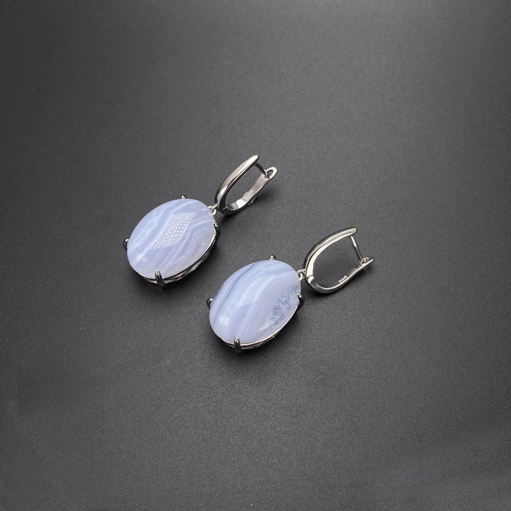 Natural Blue Agate 925 Silver Drop Earrings | Elegant Jewelry