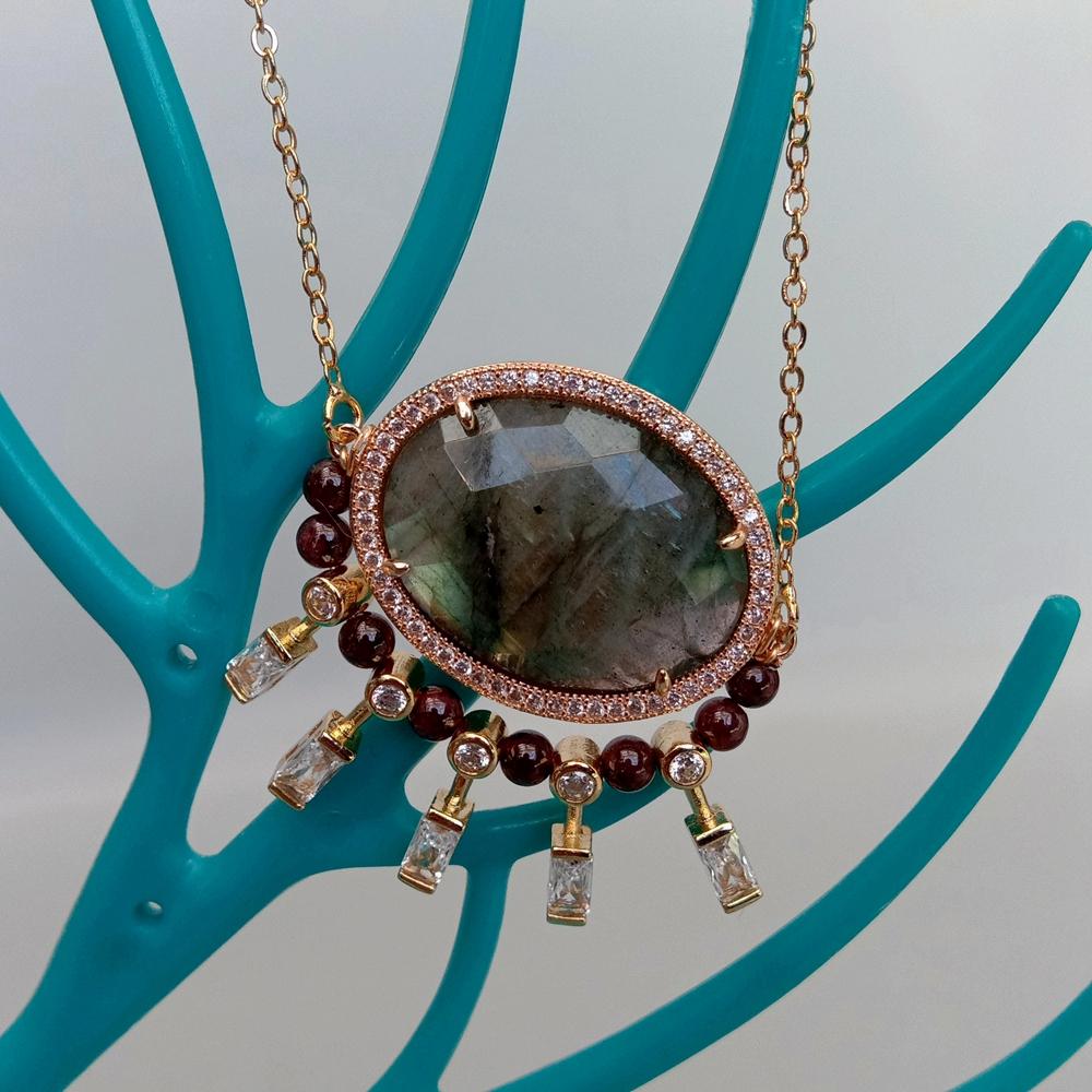 Lumina Pietra Natural Labradorite and Garnet Gemstone 18K Gold Plated Luxury Women's Necklace | Zircon Detailed Design
