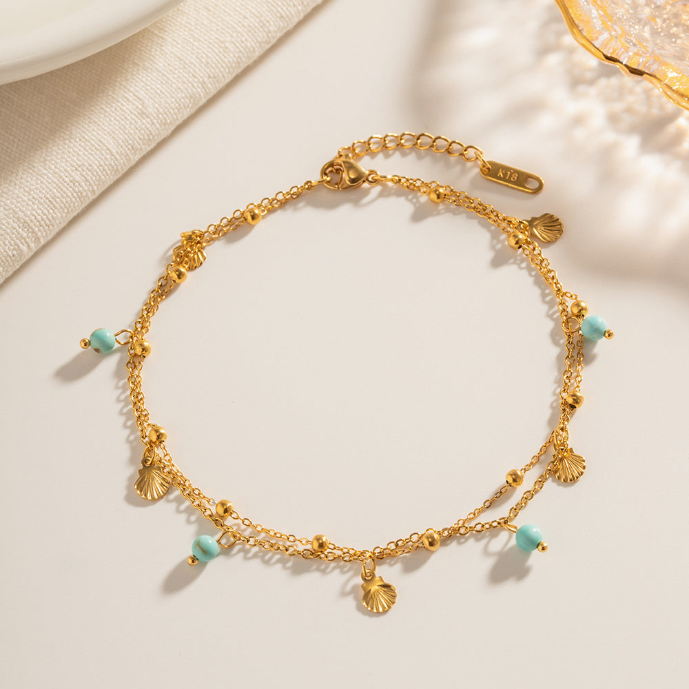 Double Layer Shell Anklet | Natural Stone Charm, Waterproof Summer Jewelry