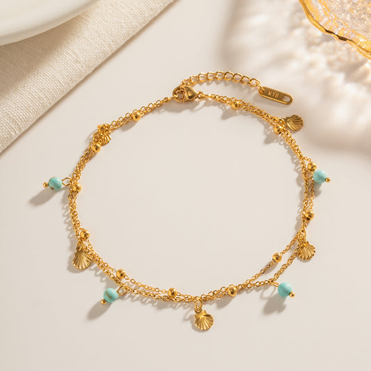 Double Layer Shell Anklet | Natural Stone Charm, Waterproof Summer Jewelry
