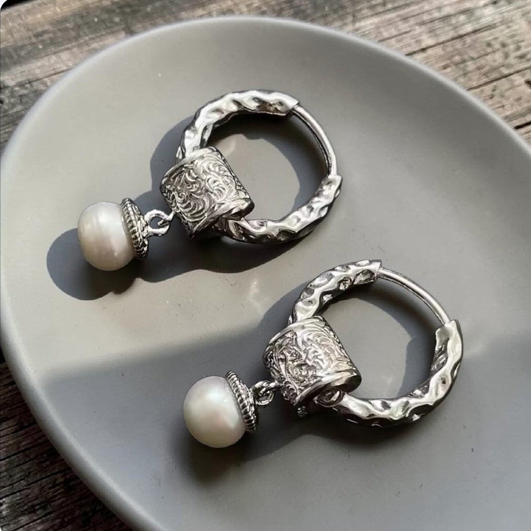 Vintage Style Pearl Hoop Earrings, 925 Sterling Silver – Lumina Pietra