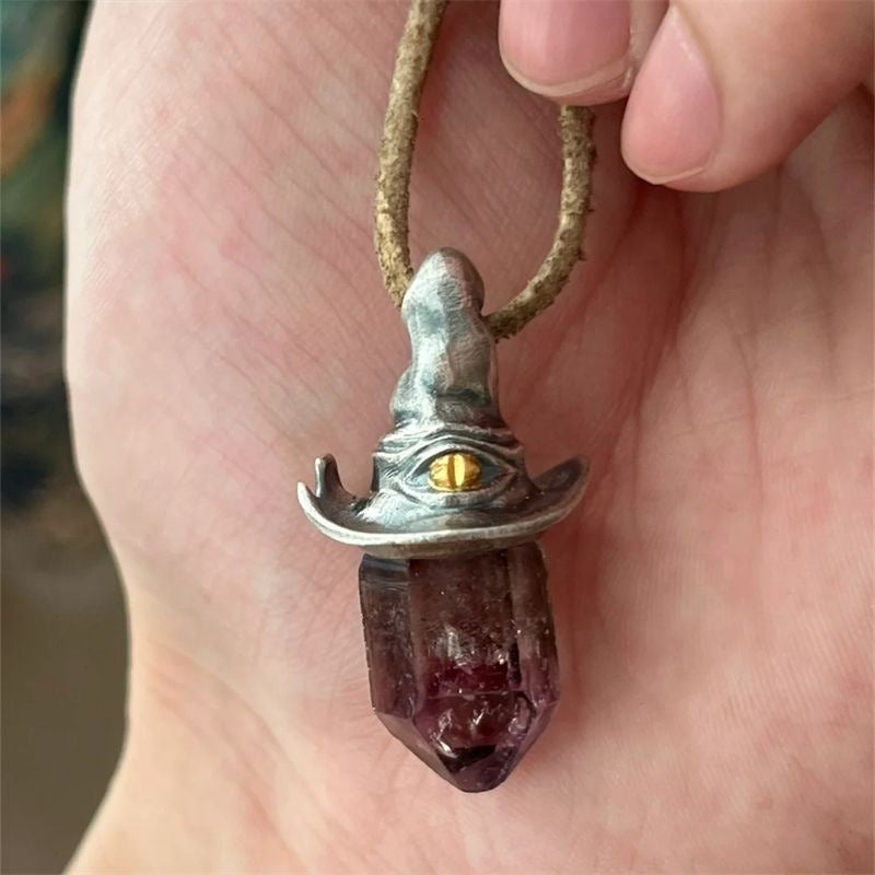 Natural Amethyst Witch Hat Pendant Necklace, Vintage Crystal – Lumina Pietra