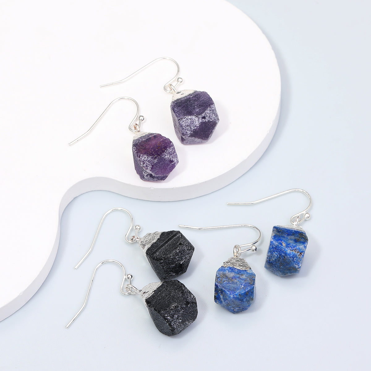 Raw Natural Stone Drop Earrings – 925 Sterling Silver
