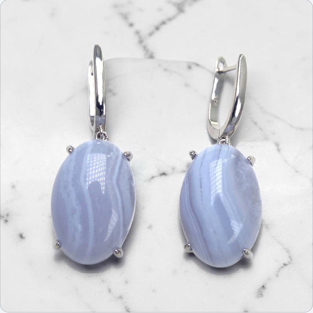 Natural Blue Agate 925 Silver Drop Earrings | Elegant Jewelry