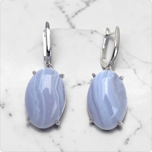 Natural Blue Agate 925 Silver Drop Earrings | Elegant Jewelry