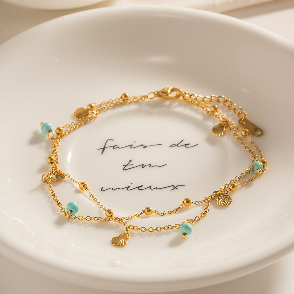 Double Layer Shell Anklet | Natural Stone Charm, Waterproof Summer Jewelry