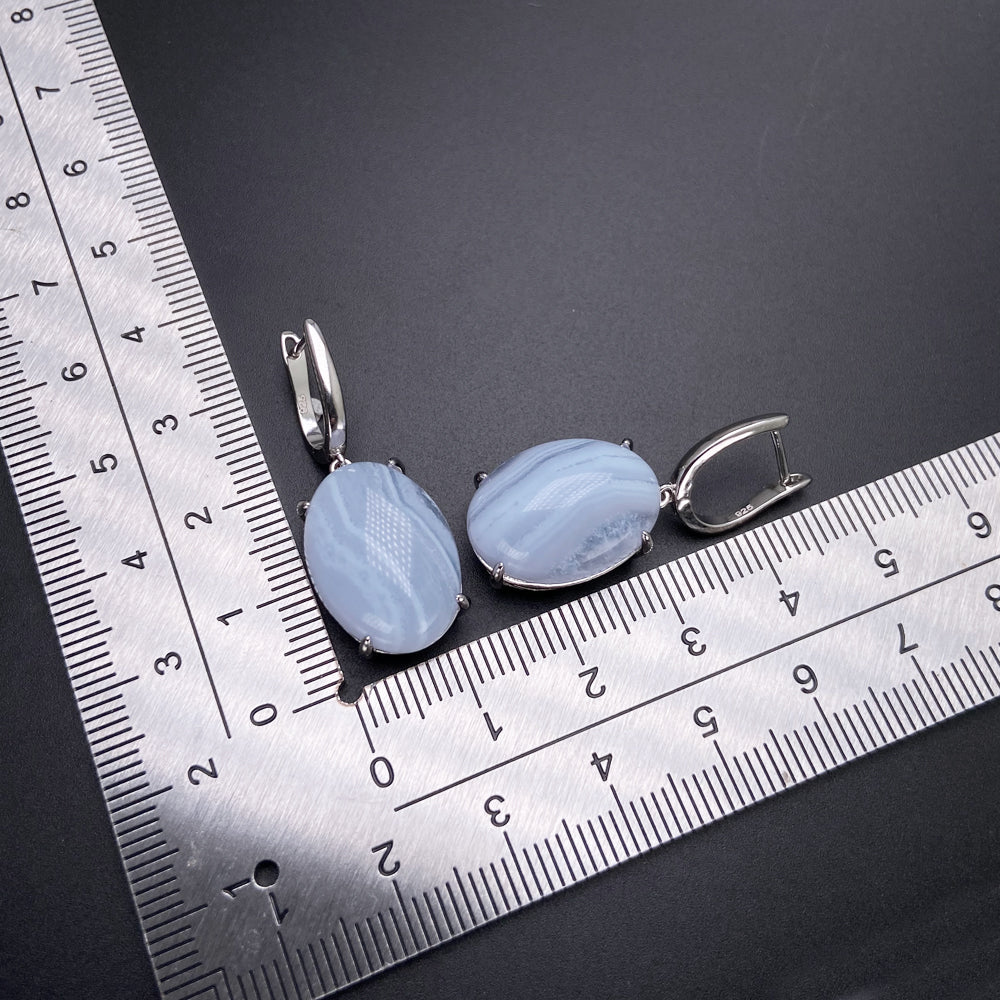Natural Blue Agate 925 Silver Drop Earrings | Elegant Jewelry