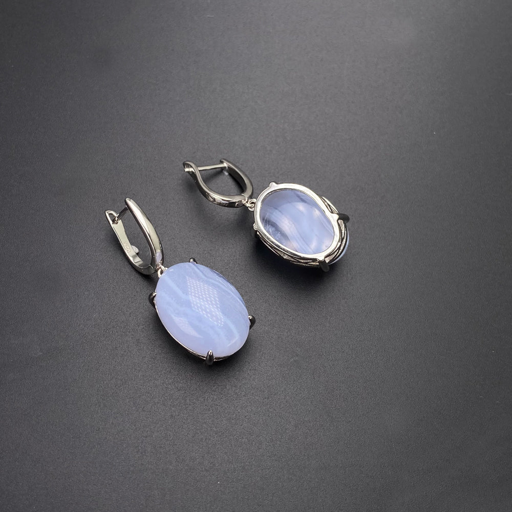 Natural Blue Agate 925 Silver Drop Earrings | Elegant Jewelry
