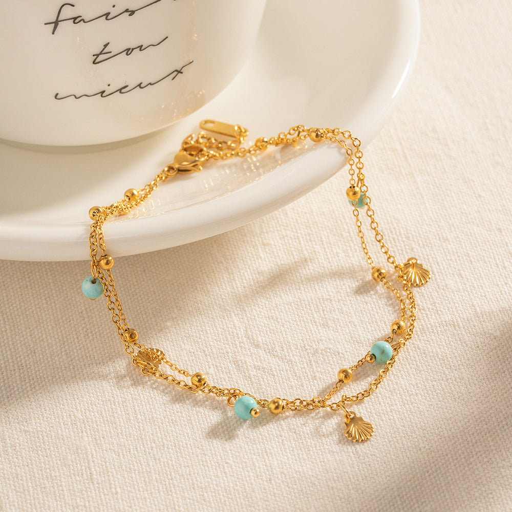 Double Layer Shell Anklet | Natural Stone Charm, Waterproof Summer Jewelry