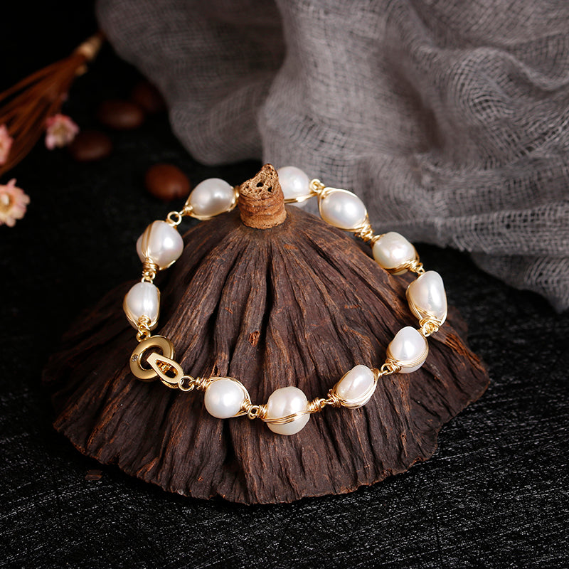 Natural Baroque Freshwater Pearl Bracelet 14K Gold Filled Handmade Women’s Bracelet
