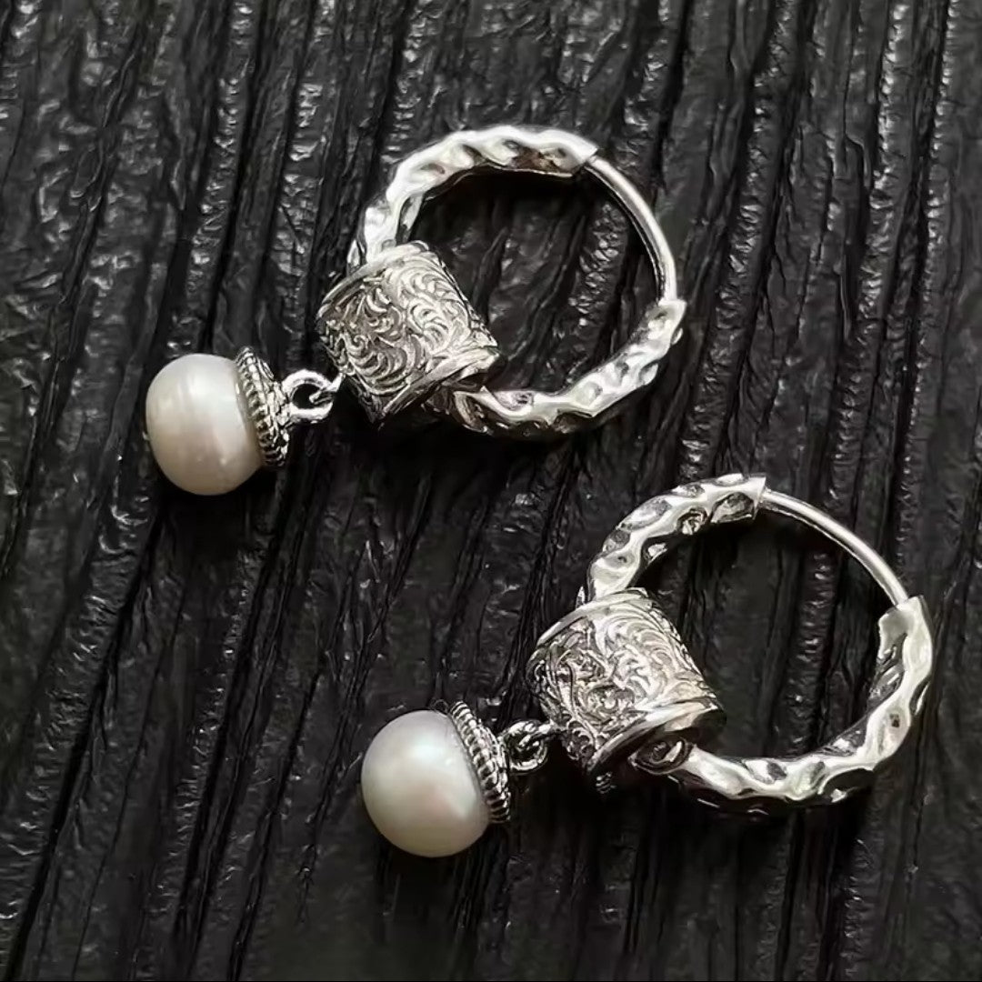 Vintage Style Pearl Hoop Earrings, 925 Sterling Silver – Lumina Pietra