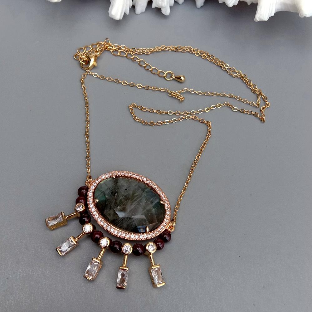 Lumina Pietra Natural Labradorite and Garnet Gemstone 18K Gold Plated Luxury Women's Necklace | Zircon Detailed Design